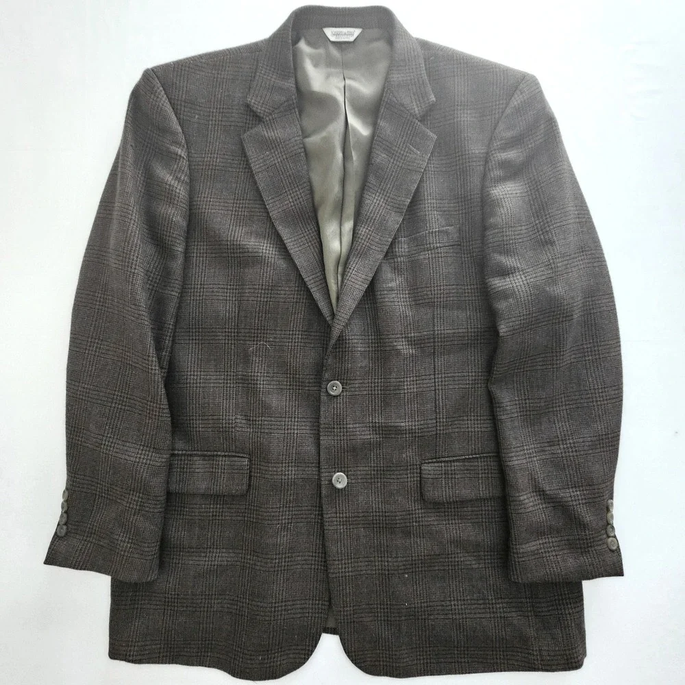 Joseph & Feiss Mens 46 Long Blazer 100% Lambswool Brown Glen Plaid Sport Coat